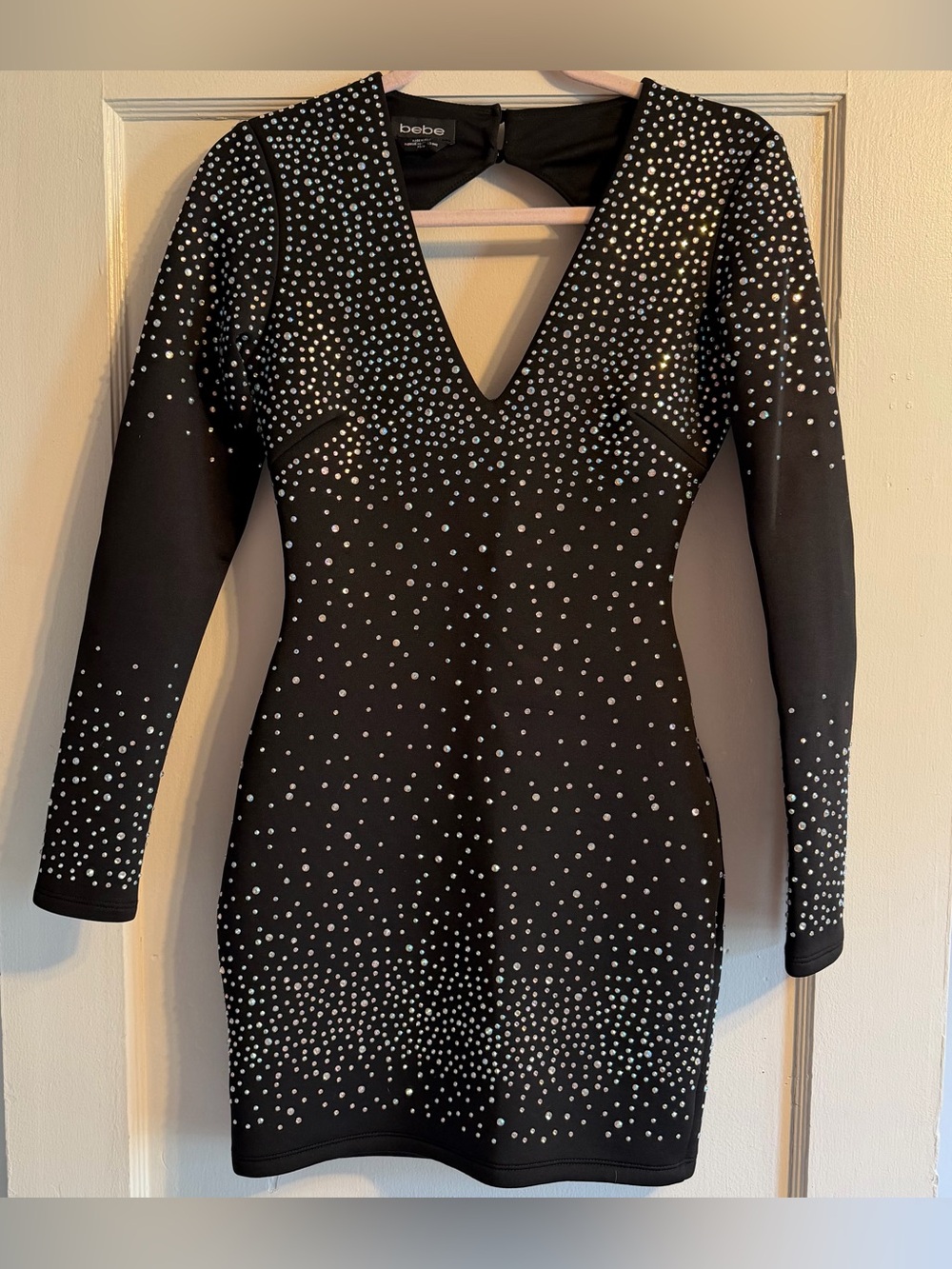 bebe Black Rhinestone-Embellished Long-Sleeve Mini Dress